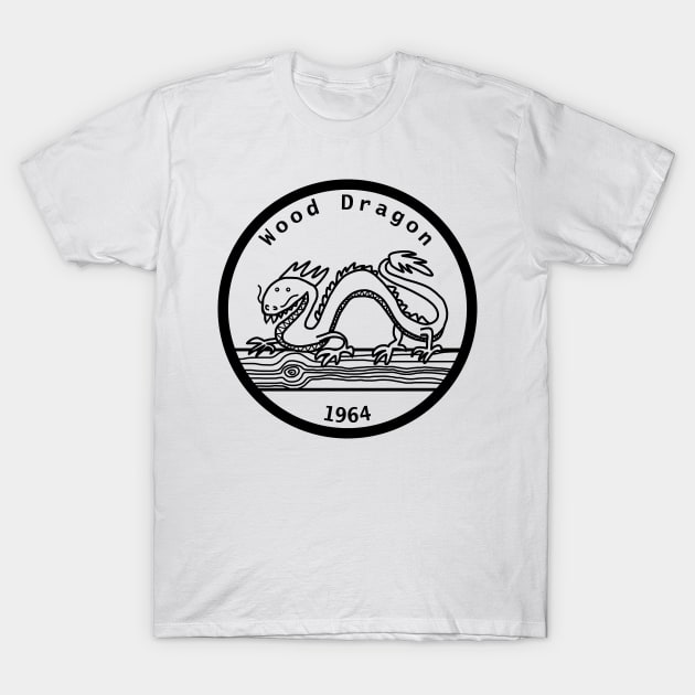 Wood Dragon 1964 Year of the Dragon Black Line T-Shirt by ellenhenryart